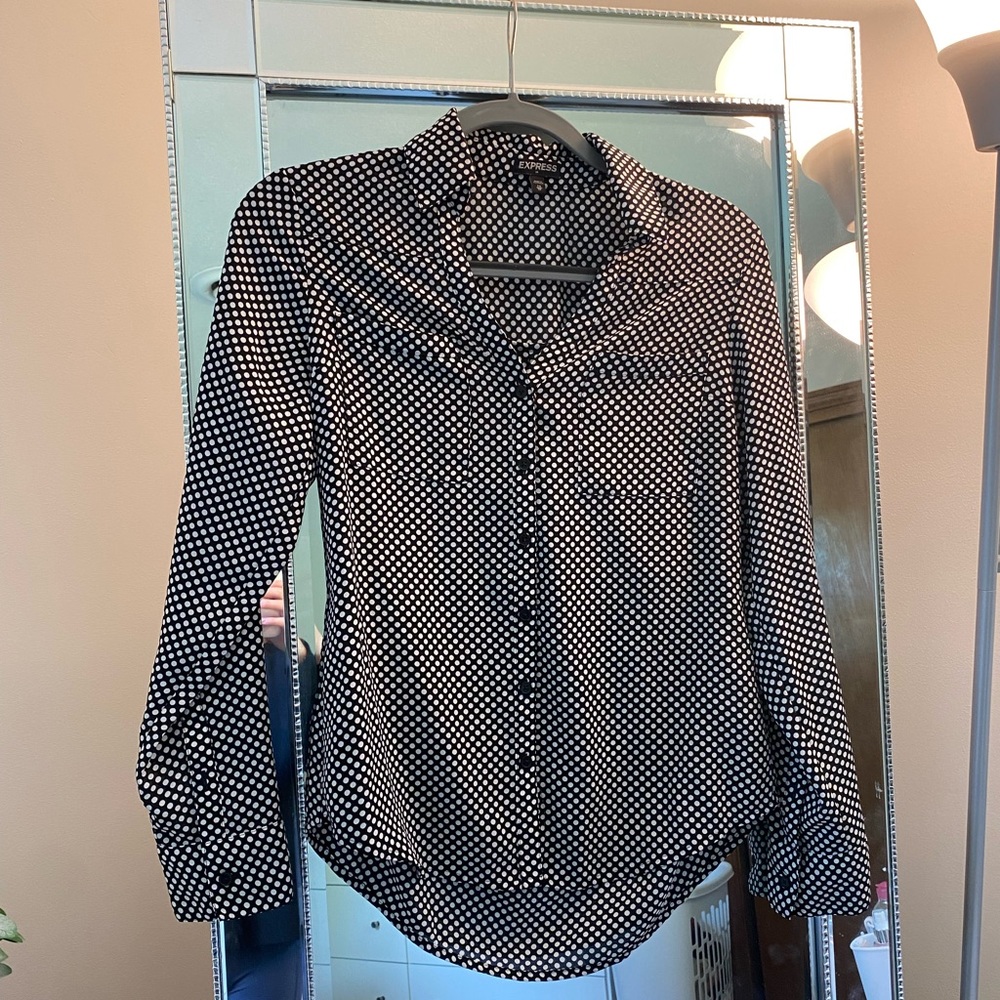 Express Portofino Shirt | size: XS | Color: Black and White Polka dot shirt